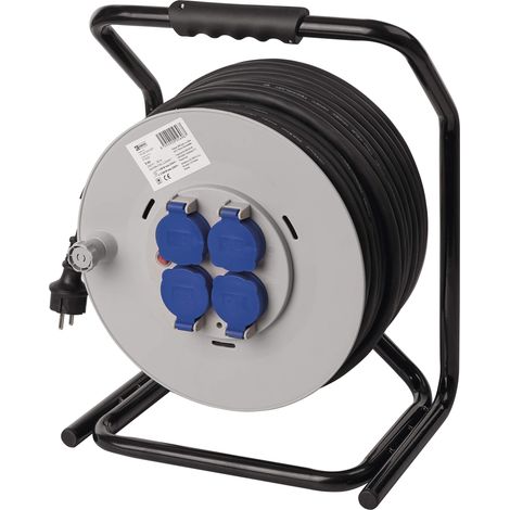 EMOS P19221 Avvolgicavo 50m-4 Prese Schuko-Impermeabile, Urti, Resistente alle temperature-230 V, 15 A, 3500 W-Isolamento in gomma-H05RR-F 2,5 mm2-IP44 per Esterni, Grigio, Blu, Nero (1/4)