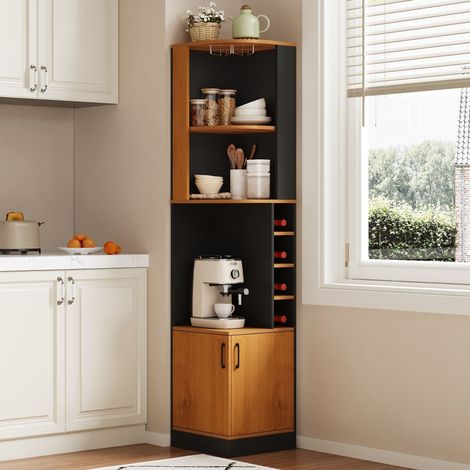 Eck-Weinregal 40 x 40 x 182 cm aus schwarzem MDF mit Gläserhalter, OKWISH (1/5)