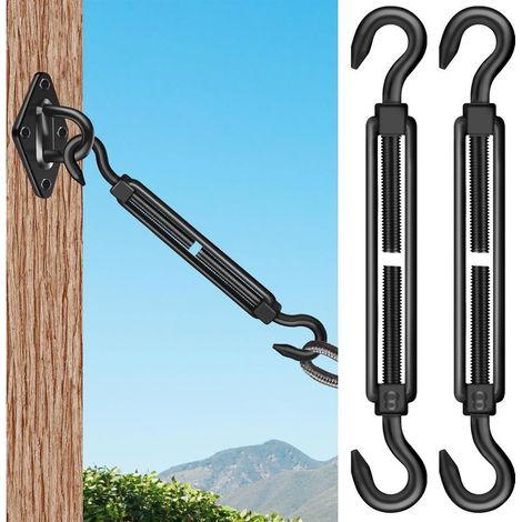 Lot de 2 tendeurs à crochet M8 en acier inoxydable 304, noir, robustes, pour la tension des câbles métalliques et la fixation d'abris solaires. (1/5)