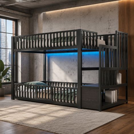 Etagenbett 90x200 cm Schwarz aus MDF und Metall mit LED, Stauraumleiter und Schutzgeländern (1/5)