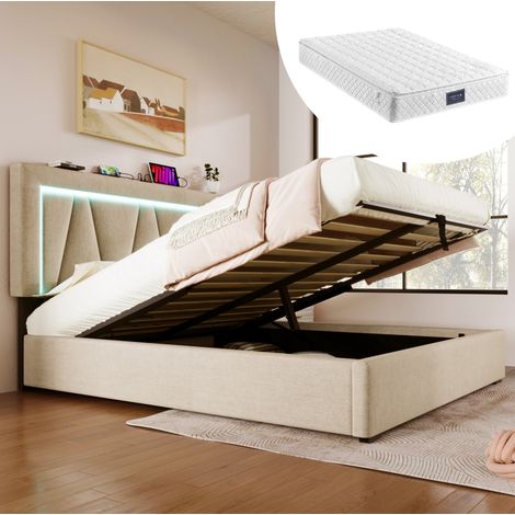 DESVIAE Lit double capitonné avec rangement LED USB et Type C 160 x 200 cm beige avec matelas à ressorts ensachés 7 zones tête de lit réglable en tissu (1/5)