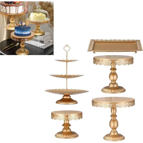Ensemble de 5 présentoirs à gâteaux en métal doré, support à cupcakes à plusieurs étages, idéal pour mariage, anniversaire, baby shower, fête. (1/5)