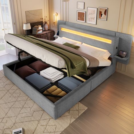Lit coffre rembourré 180x200 cm avec rangement hydraulique, cadre de lit double avec table de chevet intégrée, port USB et bande LED, gris (1/5)