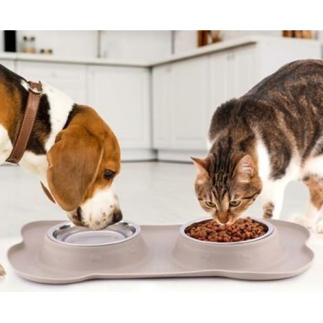 Ciotola per Animali Doppia con Vassoio in Silicone Capienza 2 x 400 ml Cani Gatti
