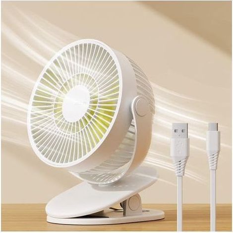 Mini clip-on fan, small USB fan with 4000 mAh rechargeable battery, 4 speeds, up to 14 hours, small and quiet for bed, desk, stroller - Milky white (1/5)