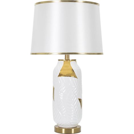 Lampada da tavolo Ceramic in ceramica bianca e metallo oro con paralume in tessuto