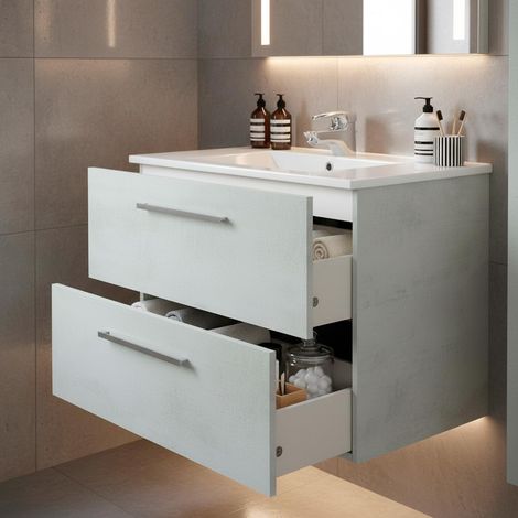 Mobile Mobiletto Bagno Sospeso Con 2 Cassettoni Soft Close Con Lavandino Lavabo In Ceramica Specchio E Led Da 30 Cm Design Moderno Nordico 57 x 80 x 45 Cm Colore Cemento Laccato - Misura: Mobile Lava (1/4)