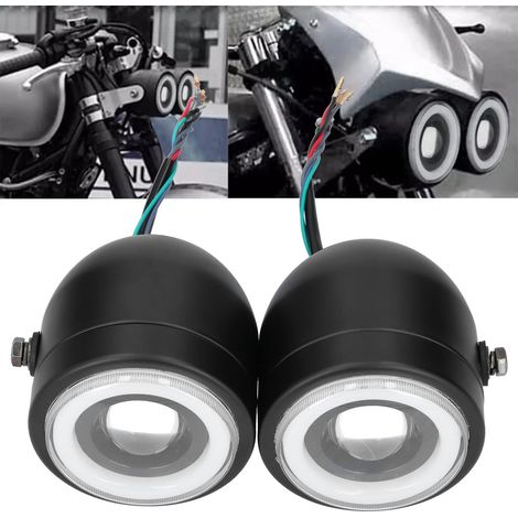 Retro Universal-Doppel-LED-Motorradscheinwerfer mit runden Tagfahrlichtern im Angel-Eye-Effekt (schwarzes Gehäuse mit blauen Angel Eyes) (1/5)