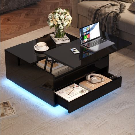 Table basse relevable 70 x 70 x 38 cm avec LED, rangement et tiroir, noire DESVIAE (1/5)