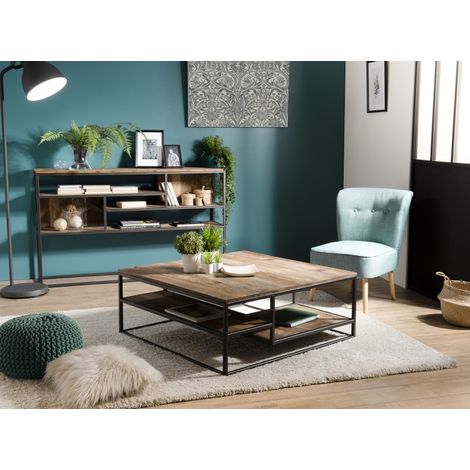 SIXTINE - Table basse carrée avec tablettes 100x100cm bois Teck recyclé (1/5)