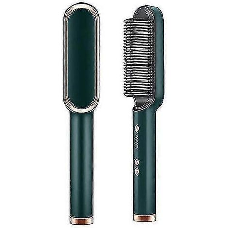 Brosse lissante chauffante multifonctionnelle 2 en 1 avec fonction peigne chauffant, brosse lissante anti-brûlure, outil de coiffage (Vert, États-Unis) (1/4)