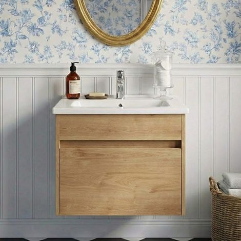 Vitra S50+ Wall Hung 1-Drawer Vanity Unit with Basin 600mm Wide - Golden Oak (1/2)