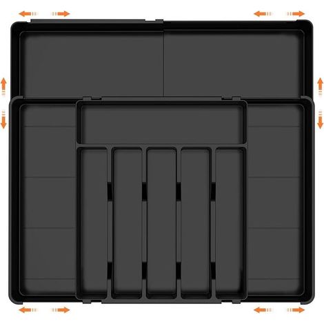 Range Couverts pour Tiroir,6-9 Compartiments,Plateau d'Ustensiles Extensible pour Tiroir,36.5cm-54cm,pour Cuillères Fourchettes Couteaux Vaisselle,Robuste,Facile nettoyer,Noir (1/5)