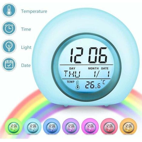 Réveil Numérique Enfant 7 Couleurs - Lampe Réveil avec Calendrier et Thermomètre - Design Créatif Rond avec LED Veilleuse pour Bébé/Enfant (1/5)