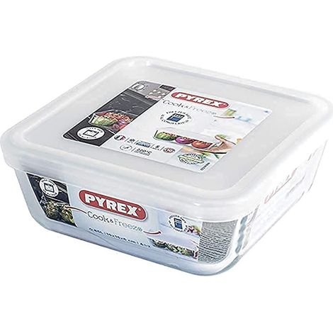 PYREX Cook&Freeze Contenitore Quadrato con Coperchio, Vetro, Bianco, 0,85 Litri, borosilicato, Trasparente (1/3)