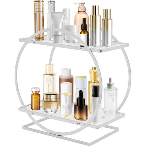 Organisateur de maquillage à 2 étages, pour soins de la peau, parfum, rangement de parfums, étagère de rangement pour cosmétiques, plateau pour salle de bain, 28 x 15,5 x 28,5 cm, argent