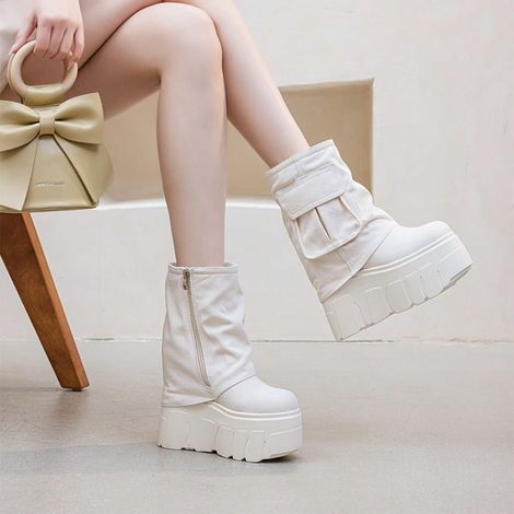 Bottines femme à plateforme, chaussures de sécurité montantes à talon compensé de 14 cm, teinte unie, modèle éponge, chaussures de chantier élégantes et confortables pour usage professionnel. (1/2)