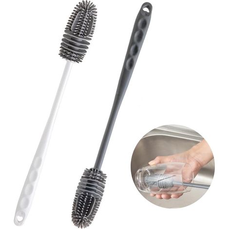 Set aus 2 Silikon-Flaschenbürsten: lange, weiche Flaschenbürste mit Silikonspitze für Glasflaschen mit schmaler Öffnung und Thermosflaschen. (1/3)