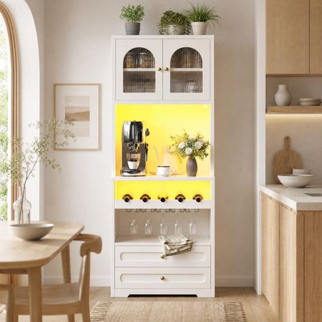 Buffet haut blanc avec portes en verre cintrées, LED App et porte-bouteilles (1/5)