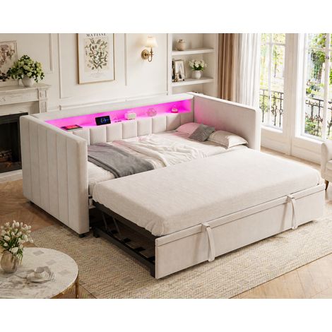 Canapé Lit Gigogne 90x190 cm en Velours Beige avec LED USB-C et Rangement Design Contemporain - PANGIVO (1/5)