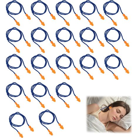 Lot de 20 Paires de Bouchons d'Oreilles en Silicone Réutilisables avec Cordon, Protection Auditive avec Réduction du Bruit pour le Sommeil, bouchon d'oreille anti bruit,Travail et Sécurité, Bleu (1/5)