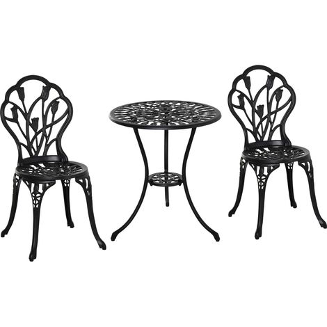 Gartentisch für 2 Personen, Balkon-Lounge-Set, bestehend aus 1 Tisch und 2 Stühlen aus schwarzem Aluminium