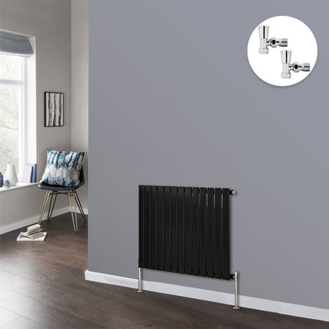 Flat Panel Design Radiator Bathroom Central Heating Radiators Black with Angled Manual Pair of Valves 600 x 884mm Horizontal Single