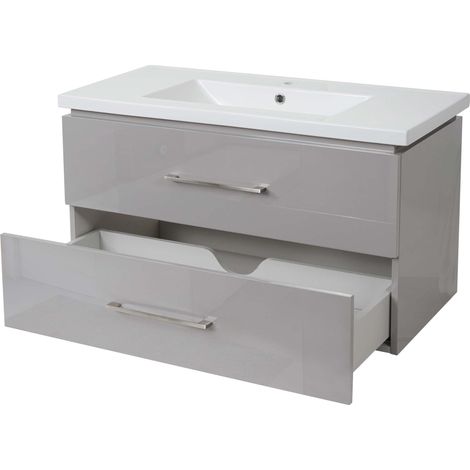 Premium Waschbecken + Unterschrank HHG-244, Waschbecken Waschtisch, hochglanz 90cm grau (1/5)