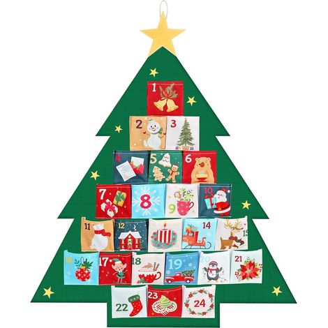 Calendrier de l'Avent 2026, Sapin de Noel Calendrier Avent en Tissu à Suspendre avec 24 Pochettes 10x10cm pour Décorations de Noël, Decoration Noel, C (1/5)