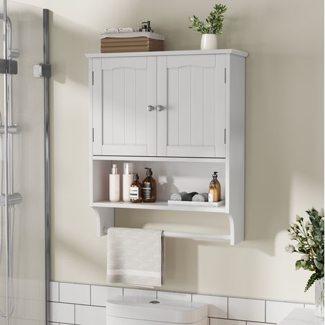 Armadietto bagno pensile 56.8x19x70 cm bianco in MDF con ripiani regolabili e portasciugamani (1/4)