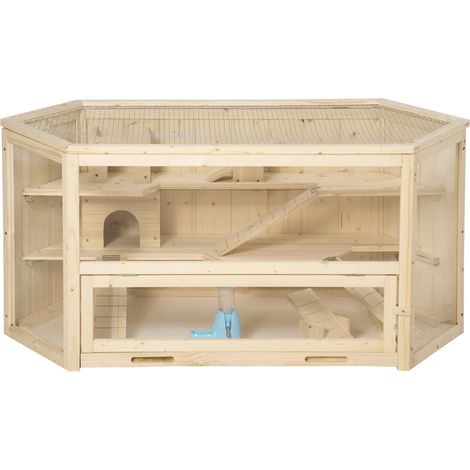 Cage à hamster - PawHut - 3 niveaux - bascules fenêtres bouteille d'eau cabanes toit articulé - 115x60x55 cm - effet bois naturel