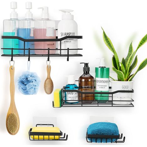 Lot de 2 Etagere Douche, Étagère Salle de Bain, Serviteur de Douche Sans Percage Murale Résistante à la Rouille pour Salle de Bain Cuisine Chambre avec 5 Crochets et 2 Plateau de Savon (1/5)