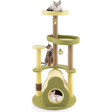 COSTWAY Tiragraffi per Gatto Alto 125 cm Stile Avocado, Albero Tiragraffi Gatto con 3 Pali in Sisal, 4 Piattaforme, 2 Pompon e Grotta, Cuccia Albero Gatto Imbottito in Peluche con Tavola di Juta (1/5)
