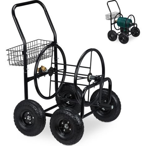 Relaxdays Carro Portamangueras, hasta 75 m, 4 Neumáticos, Acoplamiento por Clic, Cesta, Soporte Mangueras Metal, Negro