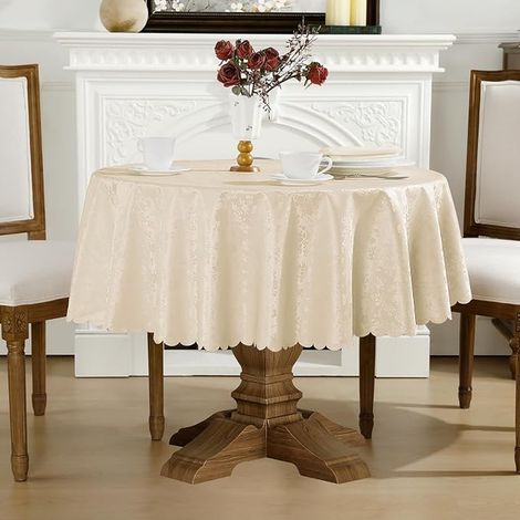 Romanstile Nappe de Noël en toile cirée ronde, lavable, beige, 350 g/m², en plastique, imperméable, pour fête, Nouvel An, extérieur, Nouvel An, fête, table de jardin, table basse, extérieur (1/4)