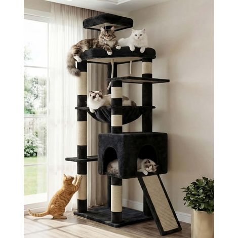 Arbre à Chat Robuste 163 cm, Structure élargie Grandes Plateformes. Arbre a Chat avec hamac XXL, griffoir sisal intégré. Couchage et mobilier pour Chats, Design Stable, Gris Fumé HCT027G (1/5)