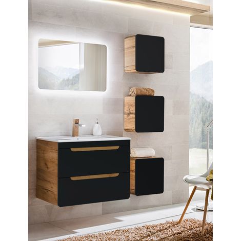 Badezimmer Set in seidenmatt anthrazit mit Wotan Eiche Nb. NEW-LUTON mit 81 cm Keramik-Waschtisch & LED-Spiegel, B/H/T ca. 130/200/46 cm (1/5)