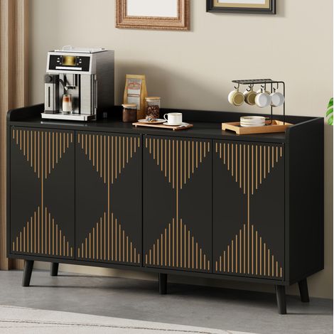 Aparador (140x40x84 cm), con 4 puertas, baldas regulables, diseño geométrico, MDF negro (1/5)
