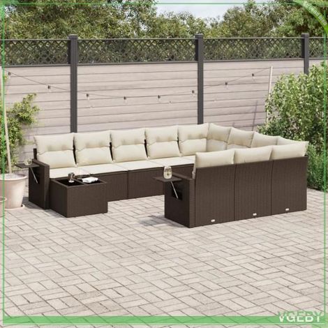 Salon de jardin - Ensemble modulable 11 pcs résine tressée - Marron - Rangement étanche - Coussins déhoussables (1/3)