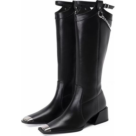 Botas de moto 2024 invierno nuevos tacones altos botas de caballero guapo británico tacones gruesos no por encima de la rodilla botas largas con cadena para mujer (1/3)