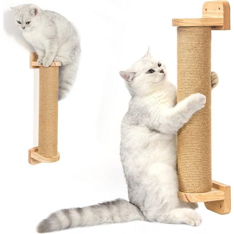 Griffoir mural pour chat et chaton - Arbre à chat d'intérieur avec poteau en sisal, meuble mural en bois massif (1/5)