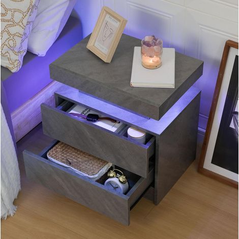 Table de chevet moderne en bois d’ingénierie gris foncé avec LED multicolore, 2 tiroirs et niche ouverte (1/5)