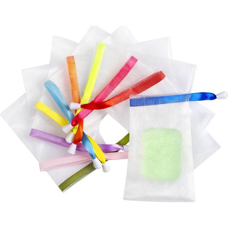 Lot de 10 pochettes en filet pour savon – Pochette exfoliante et porte-savon – Filet moussant doux avec cordon de serrage pour le nettoyage du corps et du visage (1/5)
