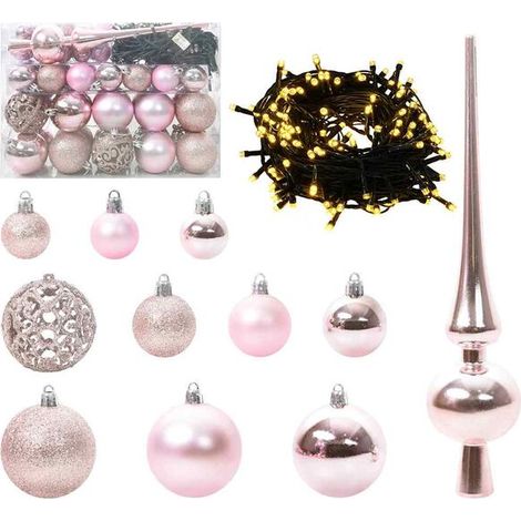 Ensemble de boules de Noël, contenant 150 lumières LED, 61 boules au total, en plastique rose. (1/5)
