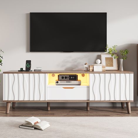 Meuble TV LED 160 cm Blanc et Bois de Noyer pour TV jusqu'à 70 Pouces - Table Basse TV de Salon avec Portes Coulissantes 3D et Pieds en Bois Massif (1/5)
