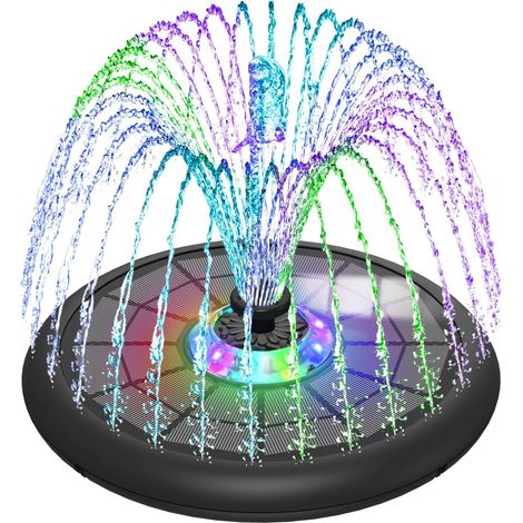 Fontaine Solaire Extérieur, UFO LED 5W, Fontaine Solaire Verre avec 4000mAh Batterie, 7 Buses & 4 Tiges Fixes, Pompe Solaire Bassin Extérieur Décorative pour Étang et Bain d’Oiseaux