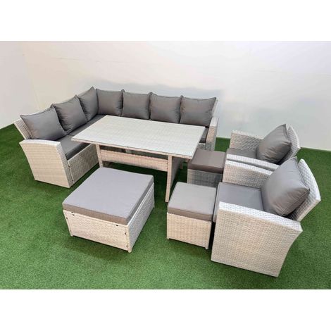 Fimous 11 Seater Rattan Garden Furniture Set Outdoor Patio Dining Corner Sofa Sets with Dining Table 2 Chairs 3 Footstools Light Grey Mixed (1/5)