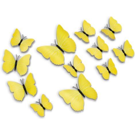 QORVA-Lot de 12 Jaune autocollants muraux 3D en forme de papillon - Étanche - Simulation papillon - Pour réfrigérateur - Avec ruban adhésif - Pour décoration de chambre à coucher