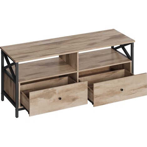 Meuble TV industriel table télé jusqu'à 55 pouces avec 2 tiroirs et 2 étagères ouvertes 120 x 40 x 50 cm pour salon chambre cadre en acier marron rustique et noir (1/2)