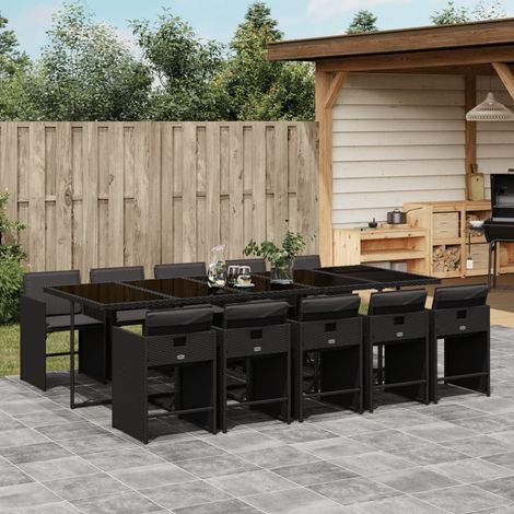 vidaXL Ensemble à manger de jardin 11 pcs coussins noir résine tressée